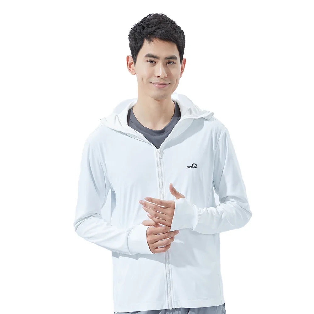 OhSunny Men Sun Protection Cooling Coats Big Brim Sunscreen Anti-UV UPF50+ Jacket with Hooded Light Breathable Quick Dry Outdoor