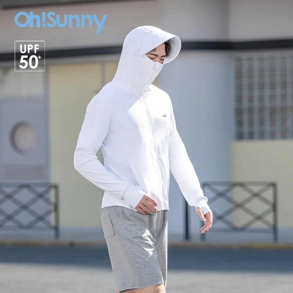 OhSunny Men Sun Protection Cooling Coats Big Brim Sunscreen Anti-UV UPF50+ Jacket with Hooded Light Breathable Quick Dry Outdoor