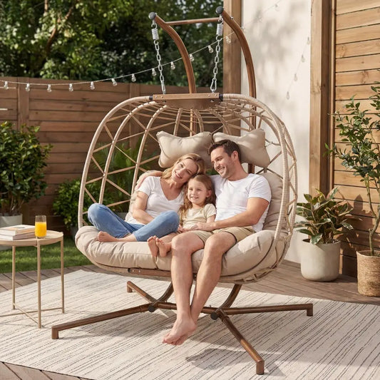 Double Hanging Egg Chair with Stand, Oversized 2 Person Swing Egg Chairs Outdoor Indoor, AllWeather Wicker Egg Swing Chair Love