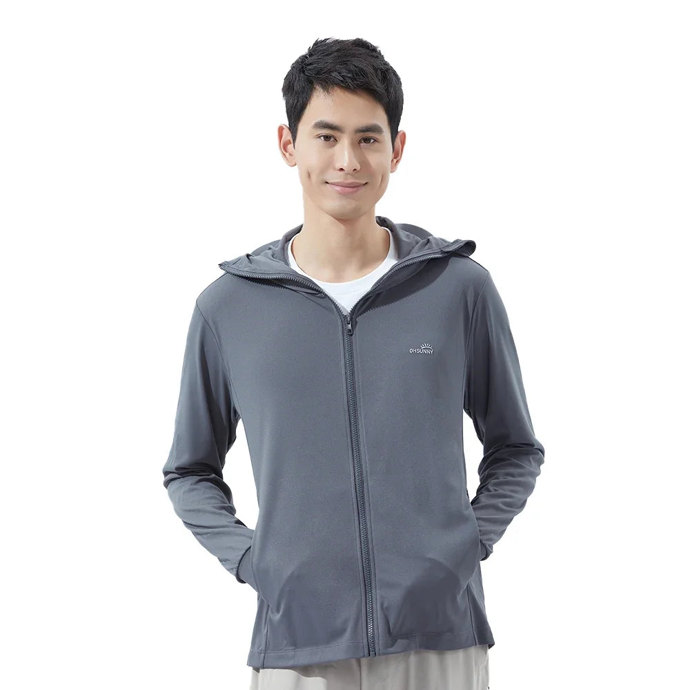OhSunny Men Sun Protection Cooling Coats Big Brim Sunscreen Anti-UV UPF50+ Jacket with Hooded Light Breathable Quick Dry Outdoor