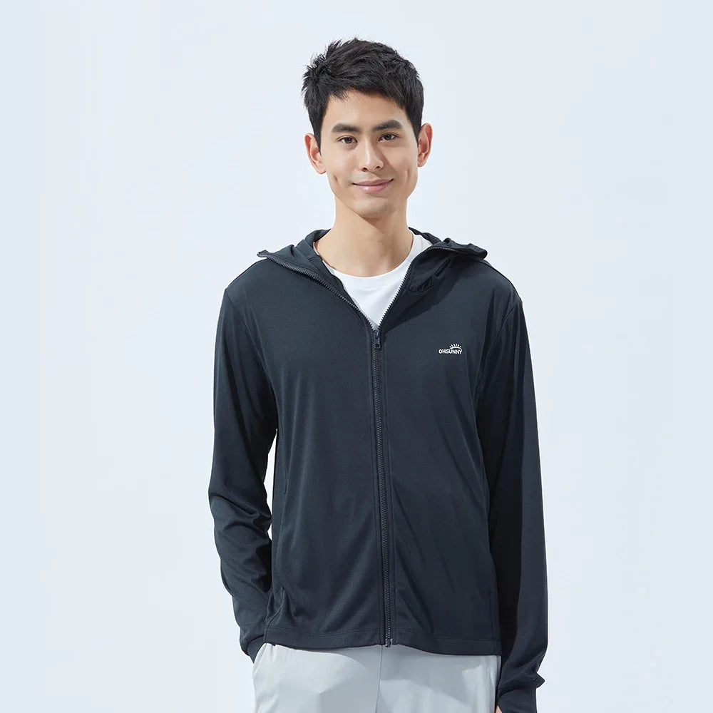 OhSunny Men Sun Protection Cooling Coats Big Brim Sunscreen Anti-UV UPF50+ Jacket with Hooded Light Breathable Quick Dry Outdoor