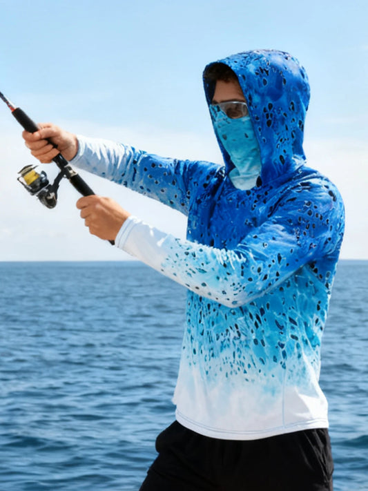 Men's Fishing Hoodie Shirt Long Sleeve with Mask, UV UPF 50+ Shirts Quick Dry, Lightweight & Breathable for Fishing, Beach, Lake