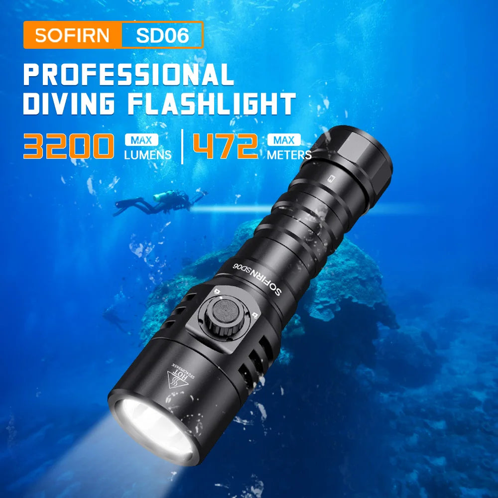 SOFIRN SD06 Diving Flashlight SFT70 3200lm Rechargeable Underwater Deep Scuba Torch Dive LED Light Powerful Under 100M