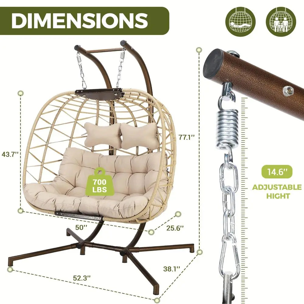 Double Hanging Egg Chair with Stand, Oversized 2 Person Swing Egg Chairs Outdoor Indoor, AllWeather Wicker Egg Swing Chair Love